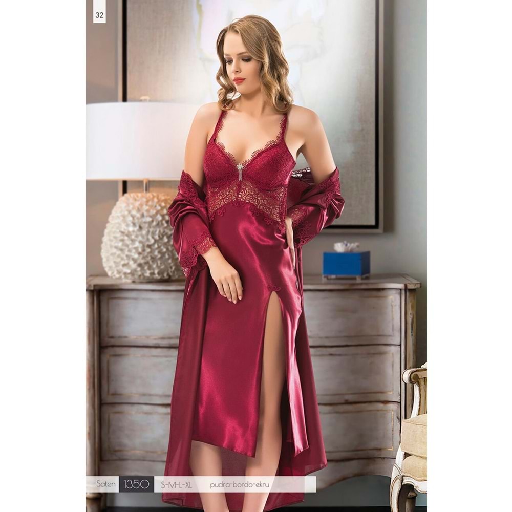 Donna 1350 6'Lı Koton Gecelik Ve Sabahlık Penye Çeyiz Seti Takımı - Donna - 6'Lı Gecelik Sabahlık - Pudra - XL