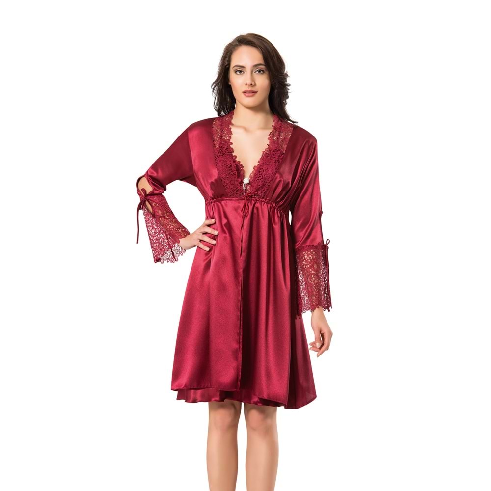 Donna 5515 6'Lı Koton Gecelik Ve Sabahlık Penye Çeyiz Seti Takımı - Donna - 6'Lı Gecelik Sabahlık - Bordo - M