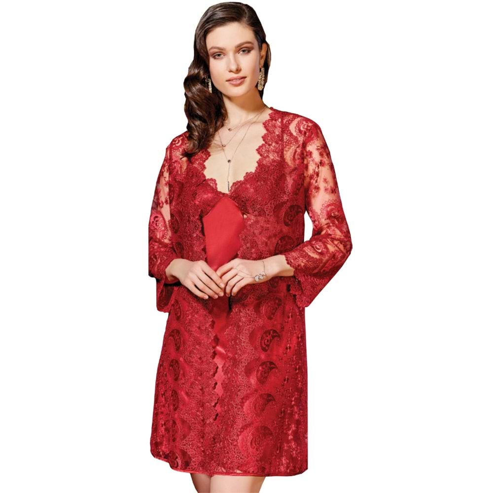 Jeremi 2963 Saten Dantelli Kısa Gecelik Sabahlık 2'li Takım - Jeremi - 2'Li Set - Bordo - S