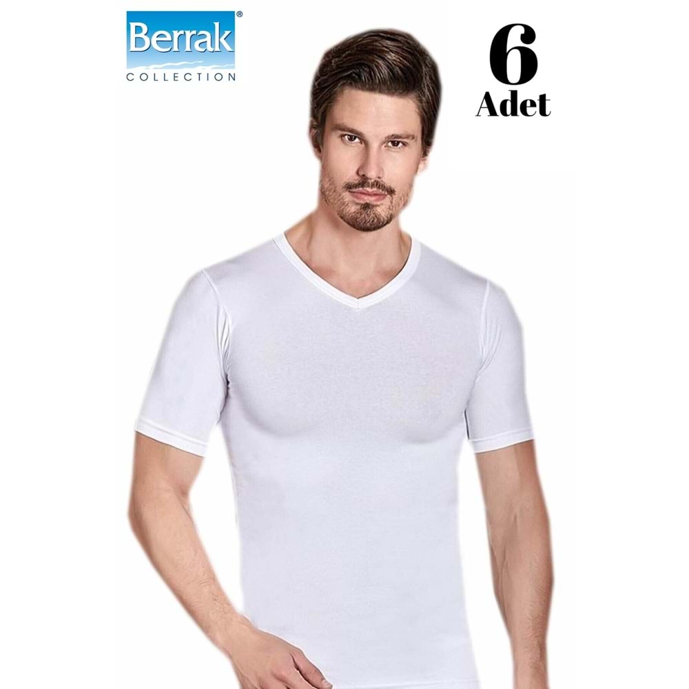 Berrak 6 Adet Erkek Elestan V Yaka Kısa Kol Badi Tişört 1027 - Berrak - Atlet,Fanila - Beyaz - S