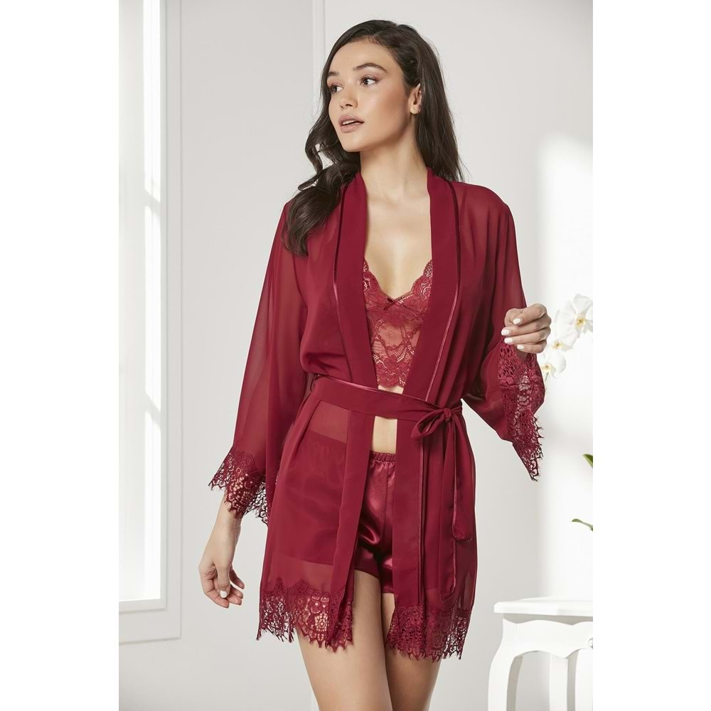 Pierre Cardin 7005 4 Parça Kadın Saten Çeyiz Set Takım - Bordo - L