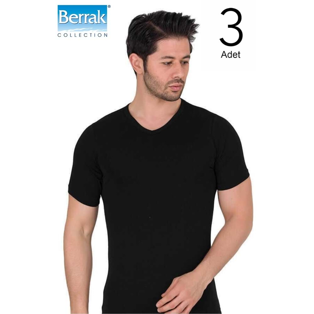 Berrak 3 Adet Erkek Elestan V Yaka Kısa Kol Badi Tişört 1027 - Berrak - Atlet,Fanila - Siyah - M